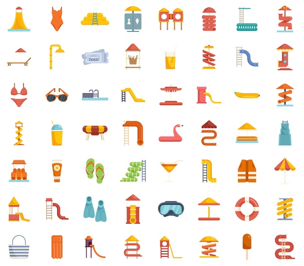 Water park icons set flat vector Slide pool