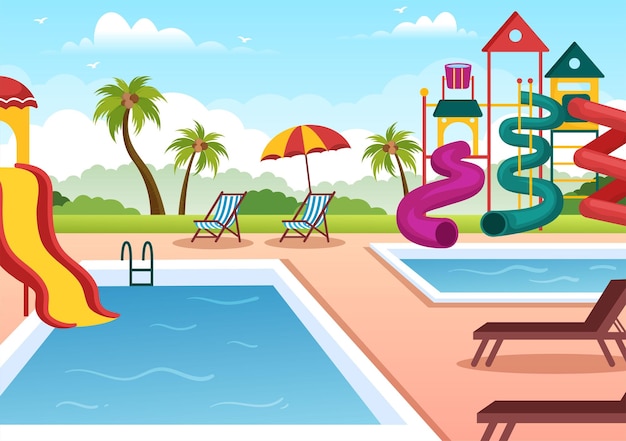 Water Park with Swimming Pool for Recreation and Outdoor Playground in Flat Cartoon Illustration