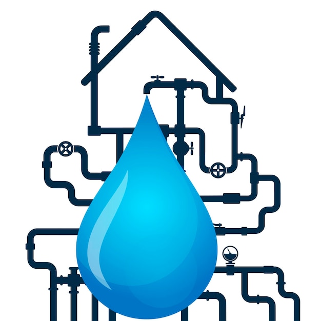 Vector water pipe system in house and water drop plumbing repair and service symbol