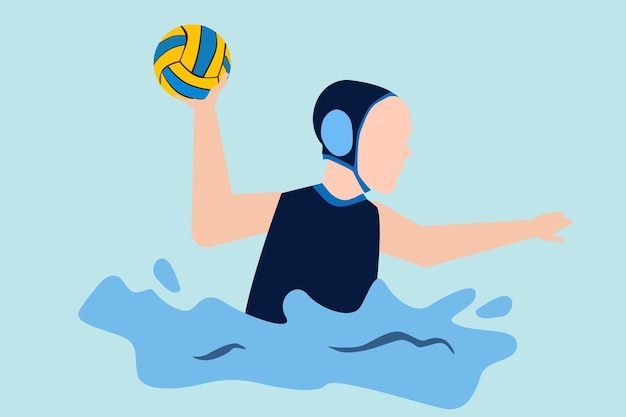 Water polo athlete from the blue team throwing a ball flat design