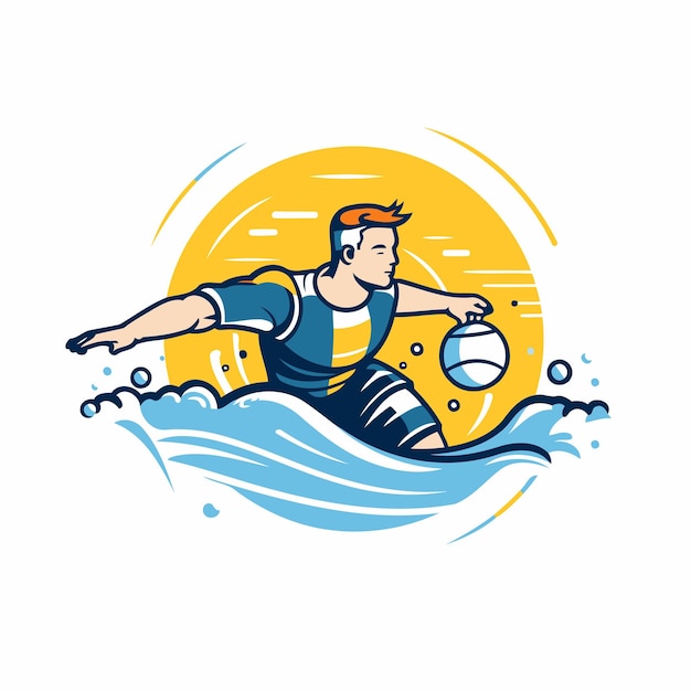 Vector water polo player with ball on the wave vector illustration