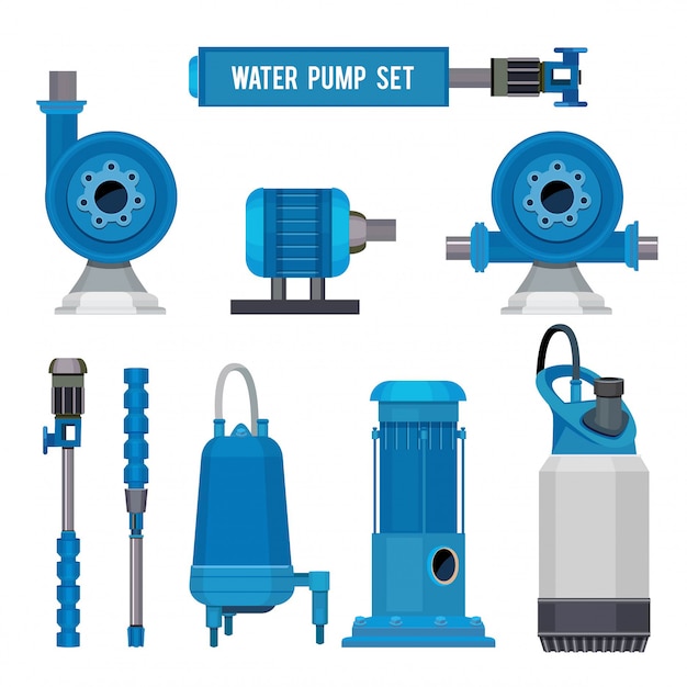 Vector water pumps, industrial machinery electronic pump steel systems sewage aqua control station icons