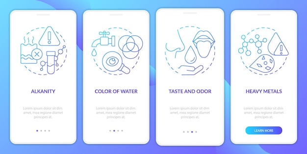 Water quality analysis blue gradient onboarding mobile app screen Walkthrough 4 steps graphic instructions pages with linear concepts UI UX GUI template Myriad ProBold Regular fonts used