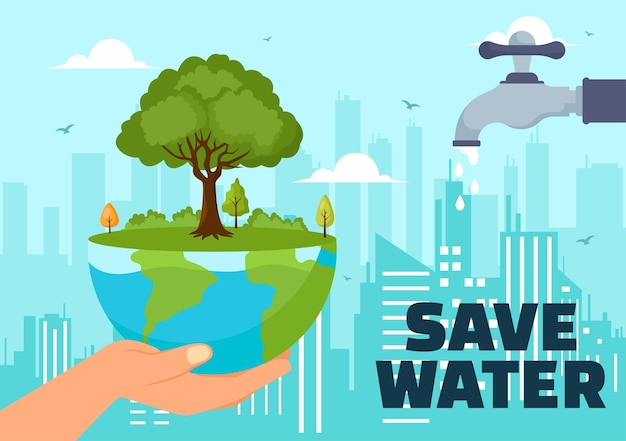 Water Saving Illustration for Mineral Savings Campaign and Energy Utilization with Faucet and Earth