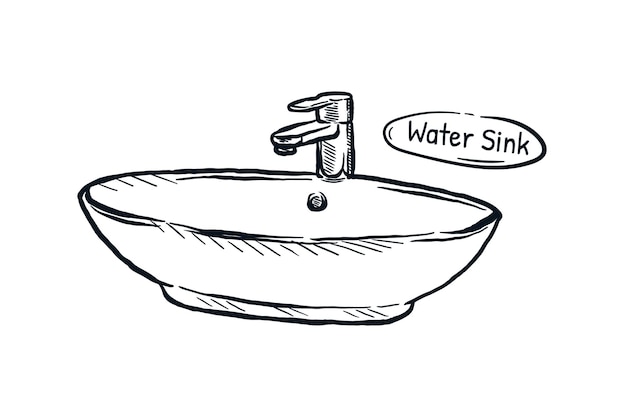 Water sink faucet hand drawn line sketch vector illustration