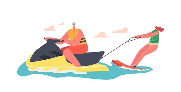 Water Ski Extreme Sports Activity. Happy Woman Riding Skis at Ocean Waves. Male and Female Characters Having Summer Fun and Recreation at Resort. Cartoon People Vector Illustration