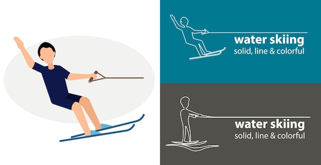 Water skiing isolated vector flat icon silhouette line solid design element