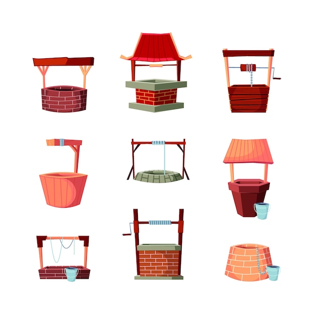 Water source Well with bucket in village old farm stone and wooden constructions garish vector flat illustrations set