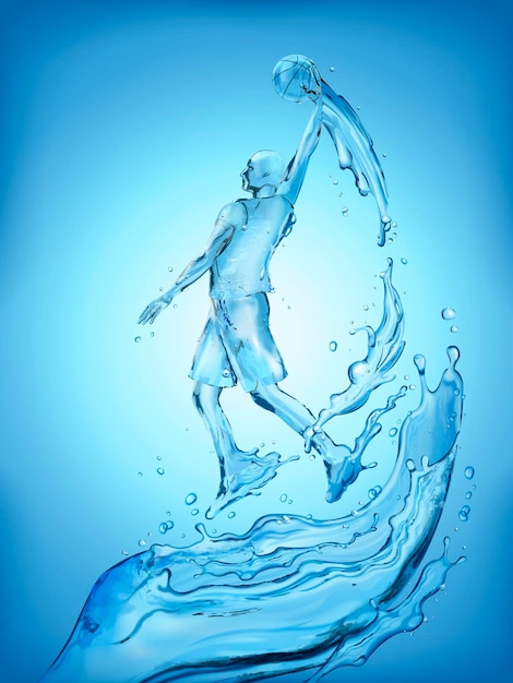 Water special effect, liquid basketball athlete jumping up and dunking a ball with water splashes underneath in 3d illustration