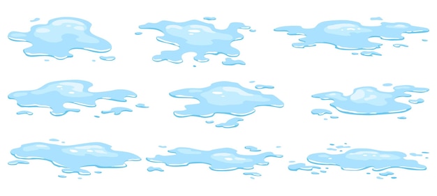 Water spill puddles set Blue liquid various shape in flat cartoon style Vector fluid design element isolted on white background