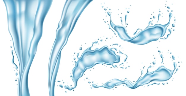 Water splashes Realistic blue liquid splashes flying drops and jets translucent isolated objects pure and clear aqua fresh transparent elements swirl dynamic motion utter vector set