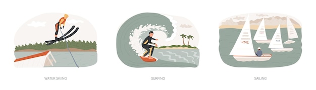 Vector water sport isolated concept vector illustration set water skiing surfing and sailing active