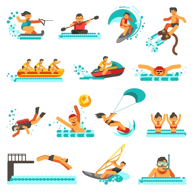 Vector water sport summer activities  flat icons set