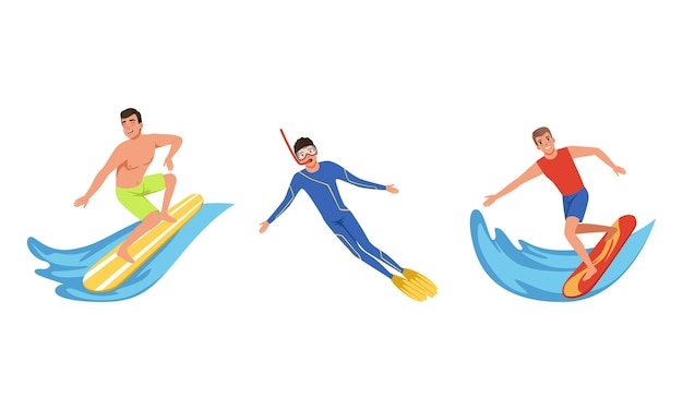 Vector water sports set young men riding with surfboard diving with scuba diving mask cartoon vector illustration