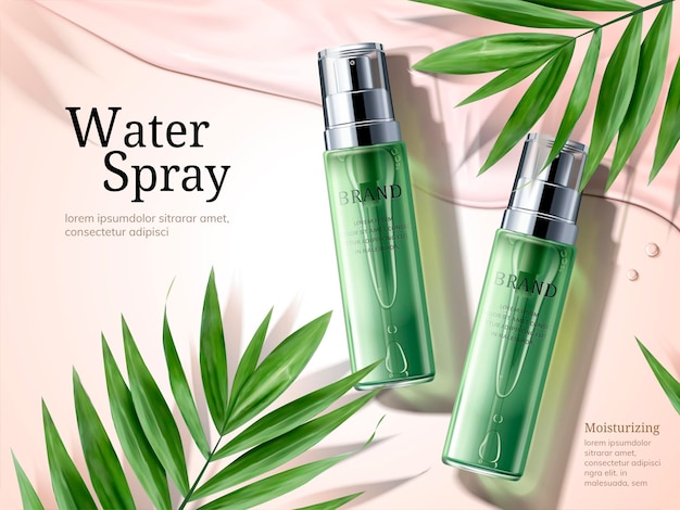 Water spray ads, green spray bottles with palm leaves elements