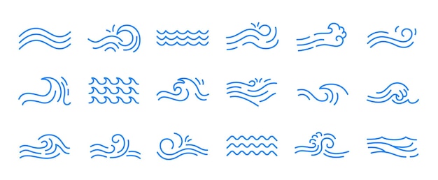 Water wave line icons Flowing river water and sea wave marks outline liquid elements and swirl marks for logo design Vector isolated set