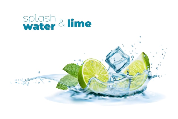 Vector water wave splash with lime ice cubes mint leaves