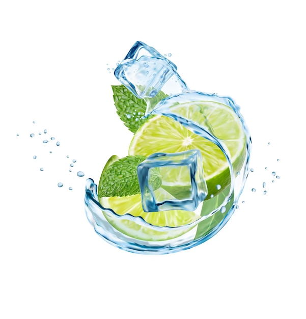 Water wave splash with lime, ice cubes and mint