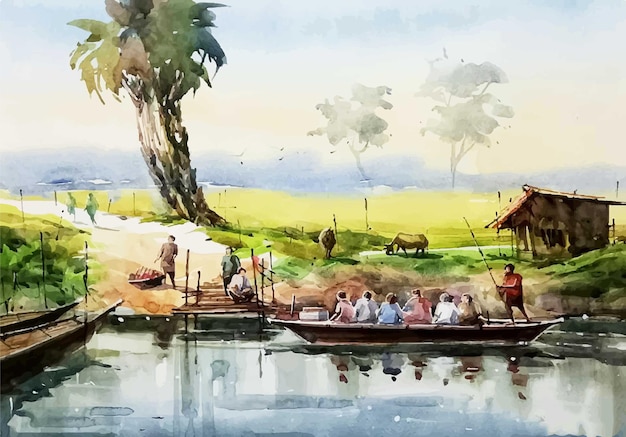 Waterclor People Are Crossing The River By Boat Hand Art