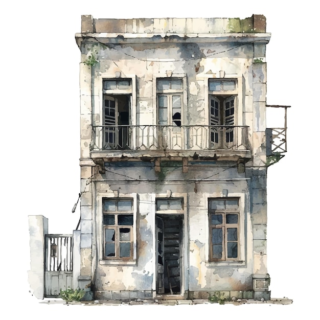 Vector watercolor abandoned building on white background