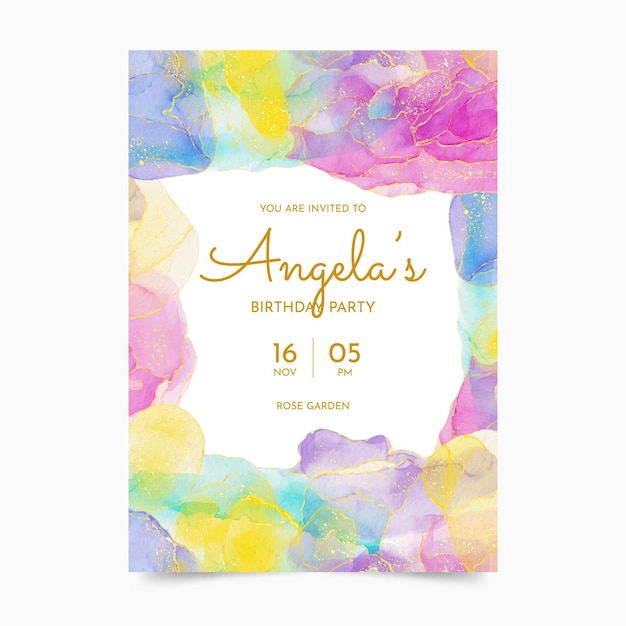 Vector watercolor alcohol ink birthday invitation template