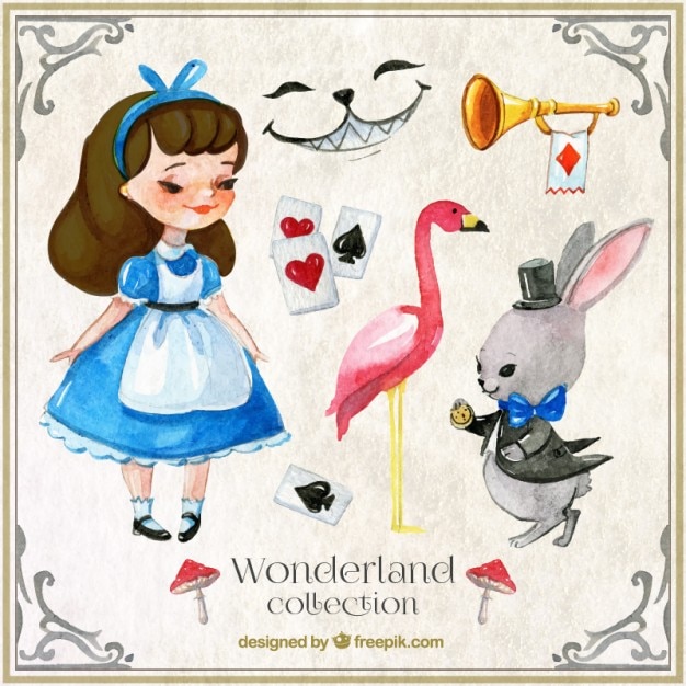 Watercolor alice in wonderland characters and elements