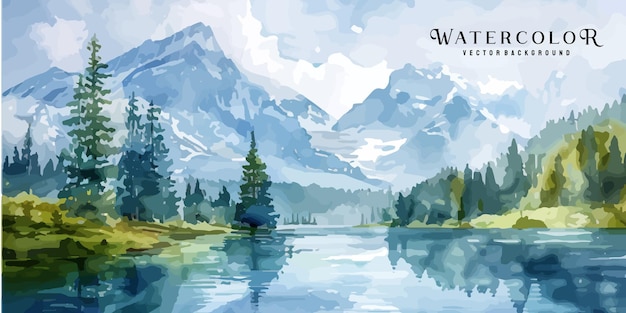 watercolor of an alpine lake surrounded by snowcapped peaks and evergreen forests