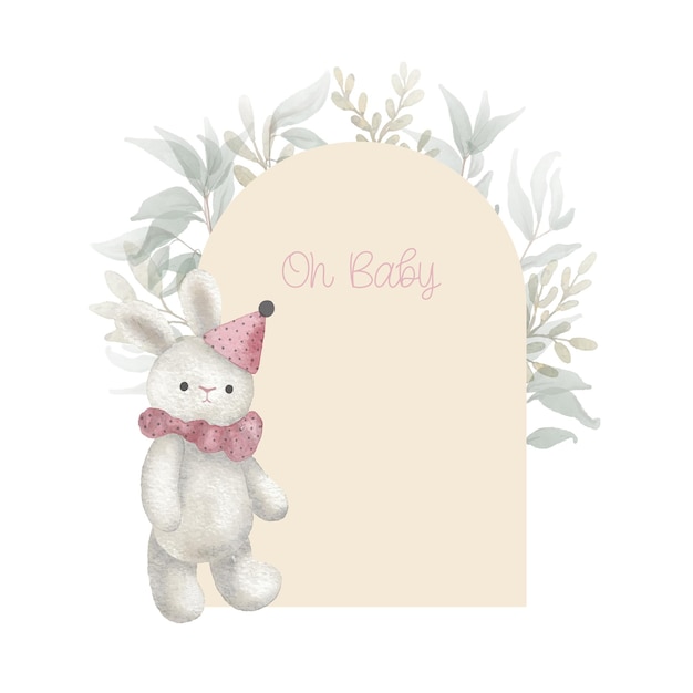 Watercolor arch baby shower card with green leaves and plush toy bunny