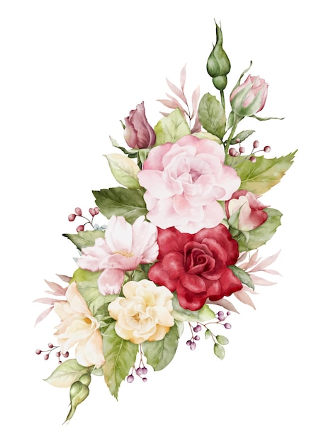 Watercolor arrangement with beautiful rose bouquet