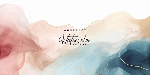 Watercolor art background vector Wallpaper design with paint brush and gold line art Earth tone blue pink ivory beige watercolor Illustration for prints wall art cover and invitation cards