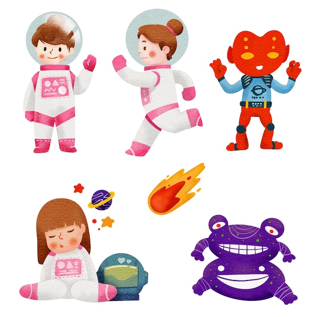 Watercolor astronaut girl children and alien funny cartoon set illustration vector