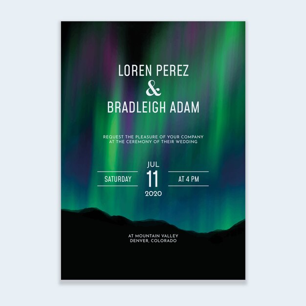 Vector watercolor aurora borealis wedding invitation