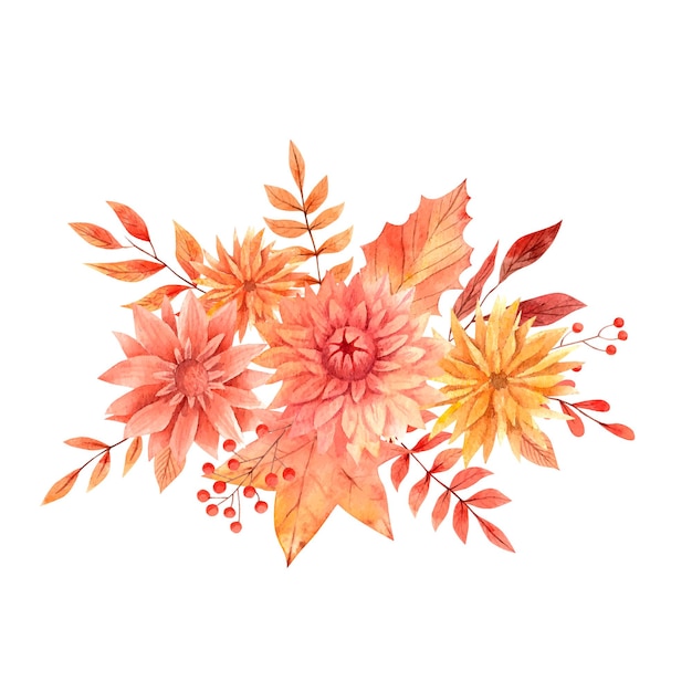 Watercolor autumn boho bouquets with beige and orange flowers and leaves