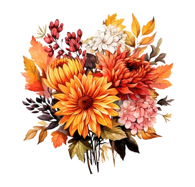 Watercolor autumn bouquet with chrysanthemums