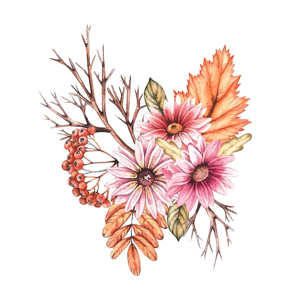 Watercolor autumn bouquet with flowers and dry leaves on a white background