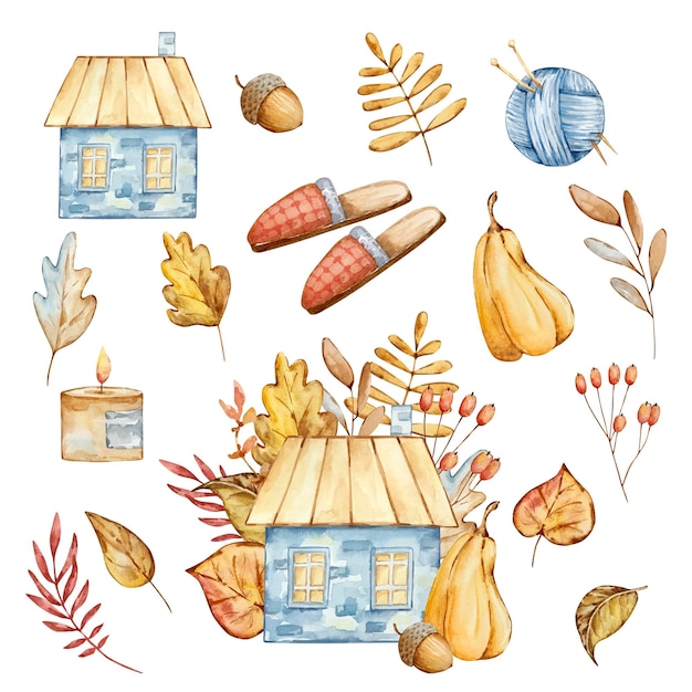 Watercolor autumn composition house pumpkin slippers candle and leaves