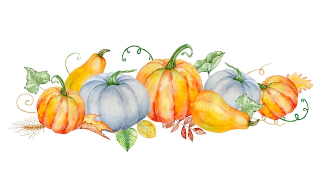 Watercolor autumn composition with bright orange and blue pumpkins and with green and autumn leaves