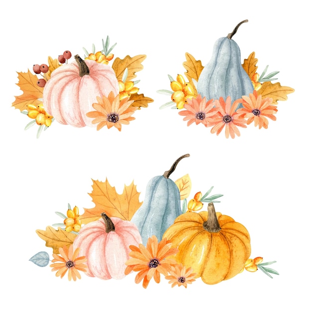 Watercolor autumn compositions set with pumpkins and leaves