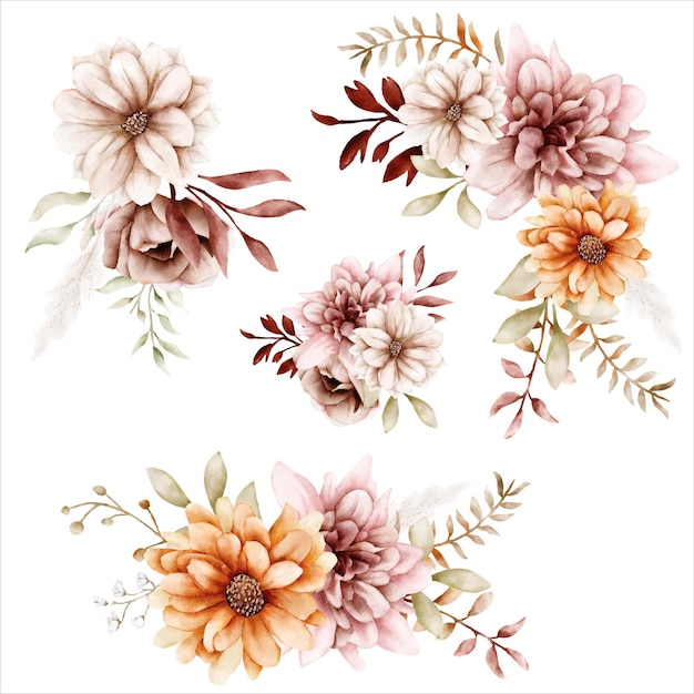 Watercolor autumn flower and leaves bouquet collection