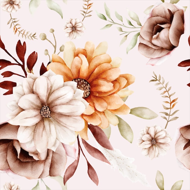 Watercolor autumn flower and leaves seamless pattern