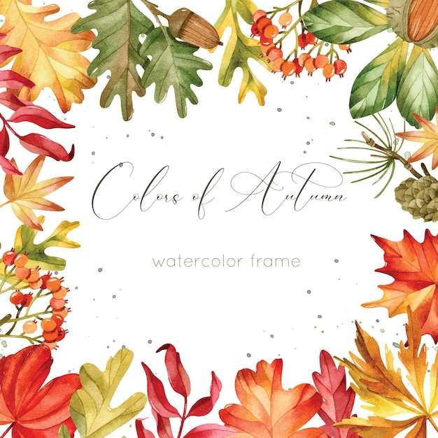 Watercolor autumn frame with oak and maple leaves