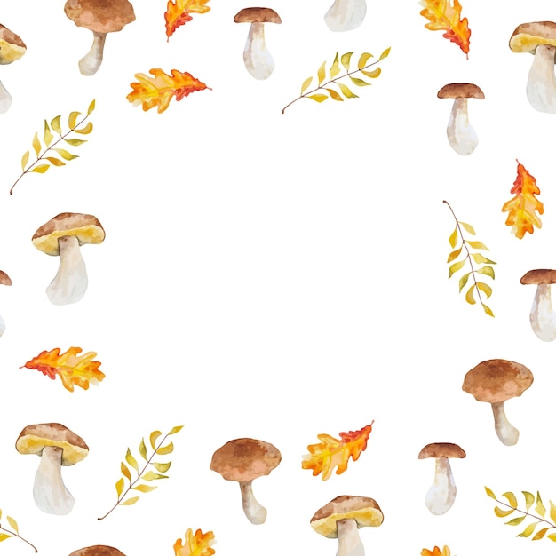 Watercolor autumn mushrooms and leaves frame hand drawn for textile, napkins, decor