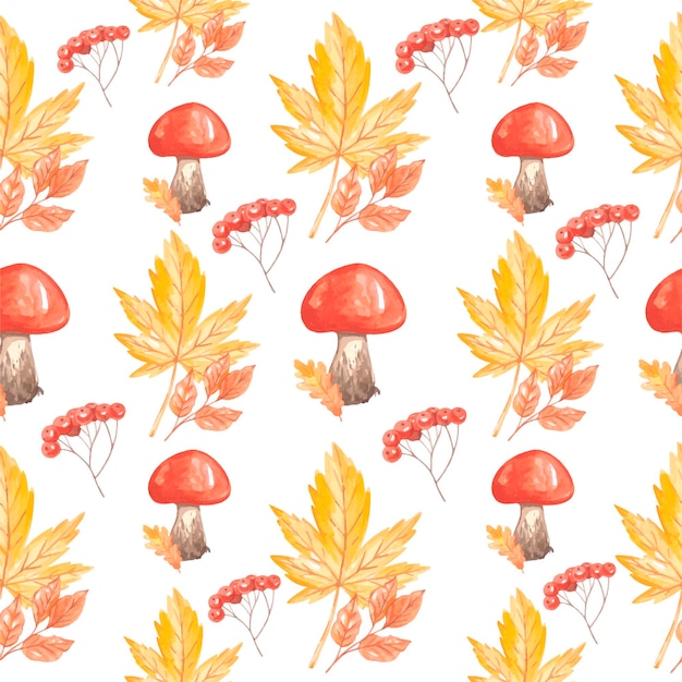 Watercolor autumn pattern with mushrooms and leaf. High quality illustration