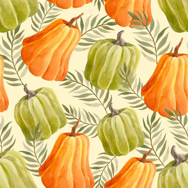 Watercolor autumn pattern with pumpkins and leaves