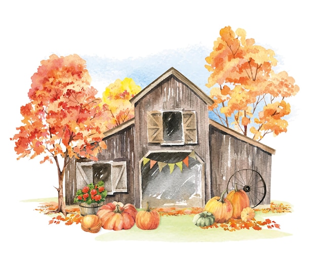 Watercolor autumn wooden barn