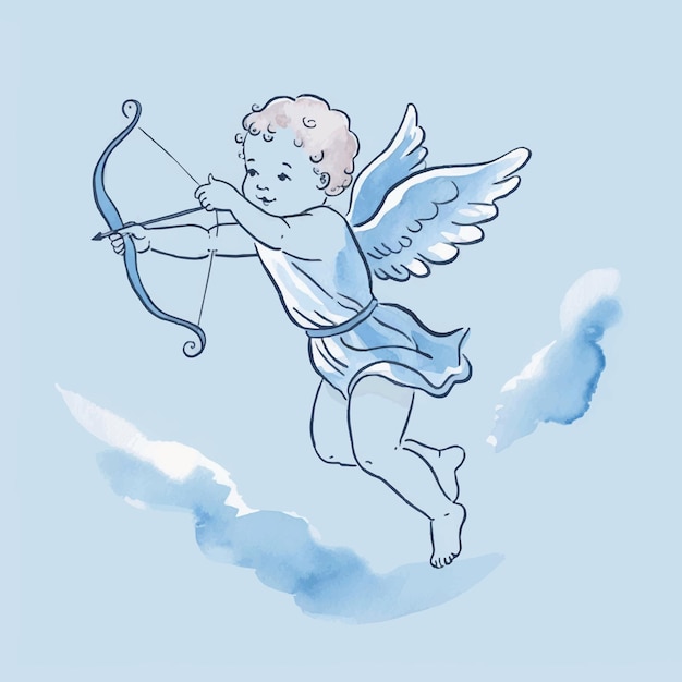 Vector watercolor baby angel floating in the sky