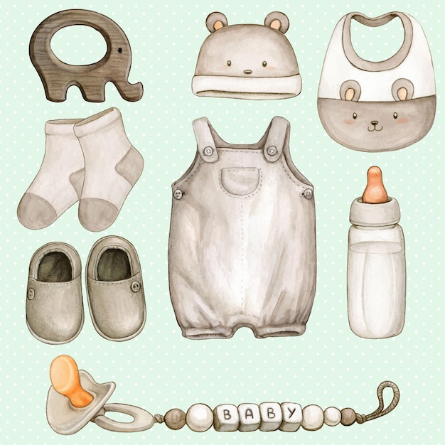 Vector watercolor baby boy accessories