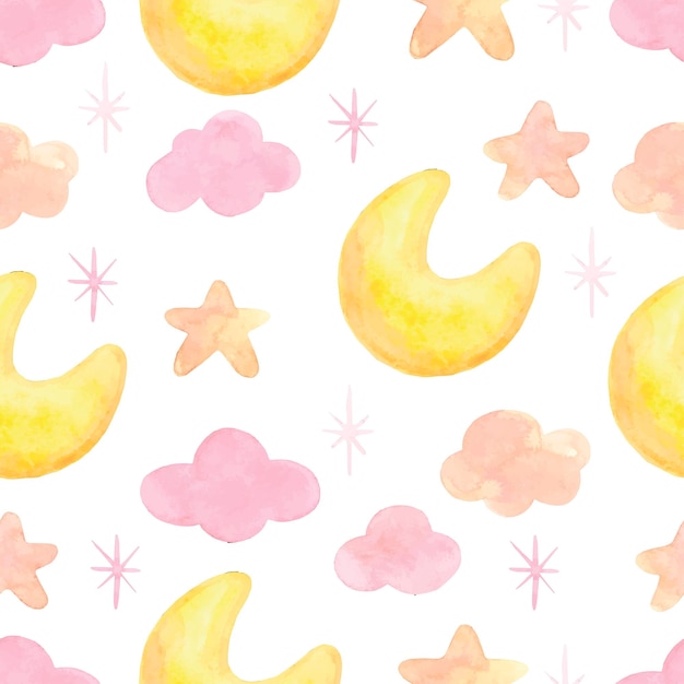 Watercolor baby cloud and stars pattern Yellow cute moon Vector illustration