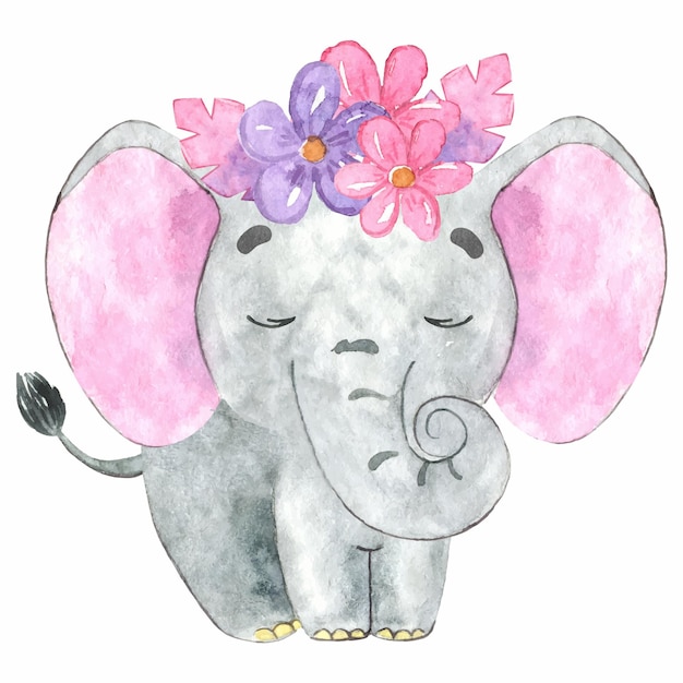 Watercolor baby elephant with flowers