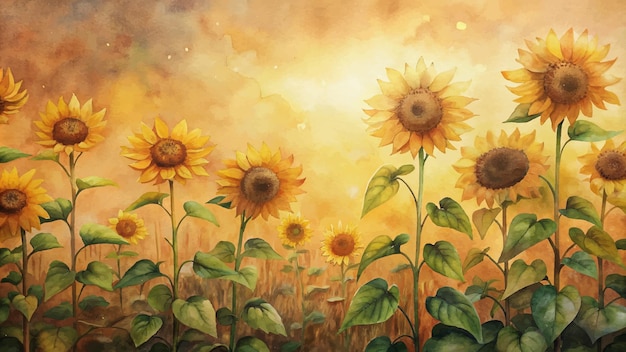 Watercolor background of blooming sunflowers